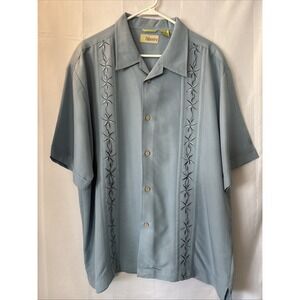 Cubavera‎ Camp Shirt Men XL Blue Embroidered Rayon Short Sleeve